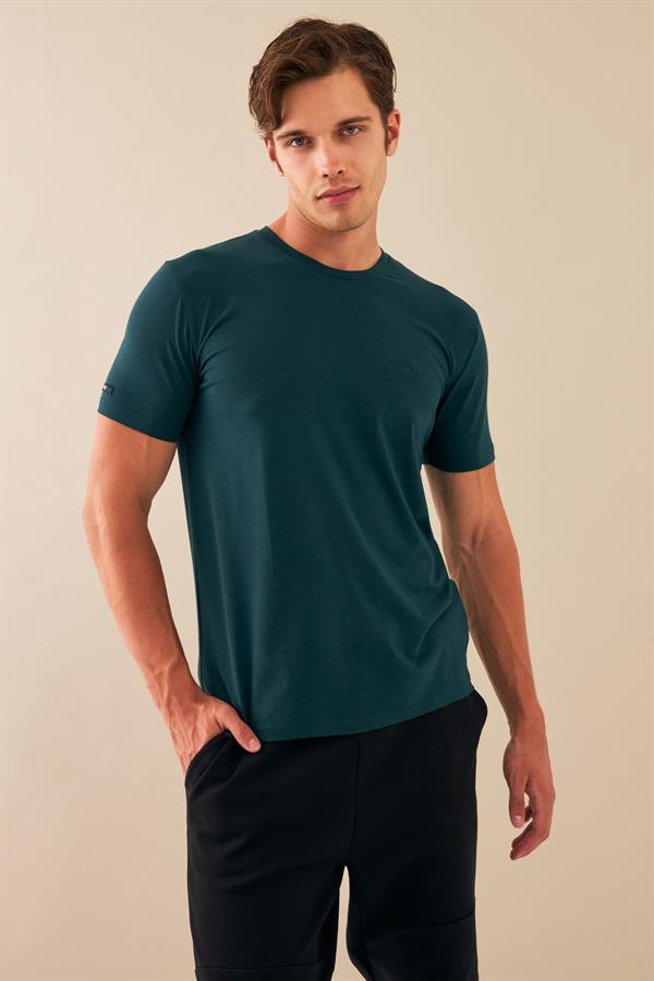 Escetic Erkek Yeşil Spor Sıfır Yaka Nefes Alan Penye Modal Kumaş Slimfit T-Shirt T0083