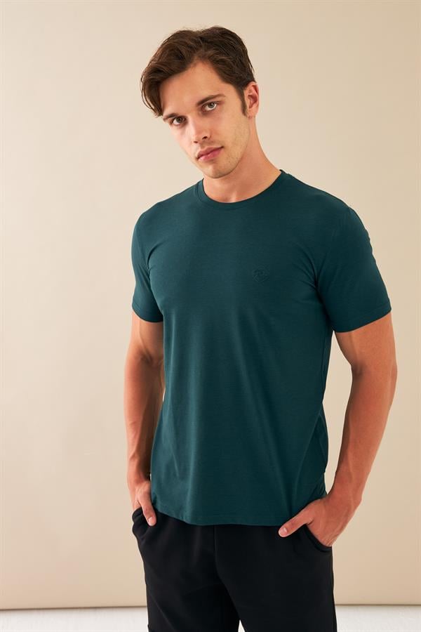 Escetic Erkek Yeşil Spor Sıfır Yaka Nefes Alan Penye Modal Kumaş Slimfit T-Shirt T0083