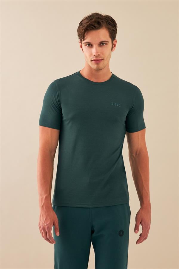 Escetic Erkek Yeşil Spor Sıfır Yaka Nefes Alan Merserize Pamuk Kumaş Slimfit T-Shirt T0095