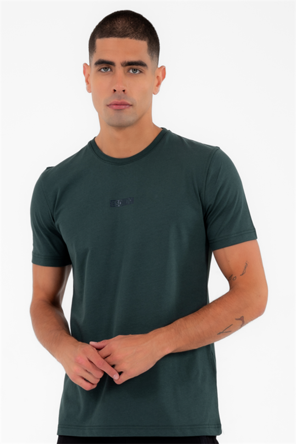 Escetic Erkek Yeşil Spor Simit Yaka Slimfit  Nefes Alabilen %100 Pamuk Süprem Kumaş T-Shirt 0994