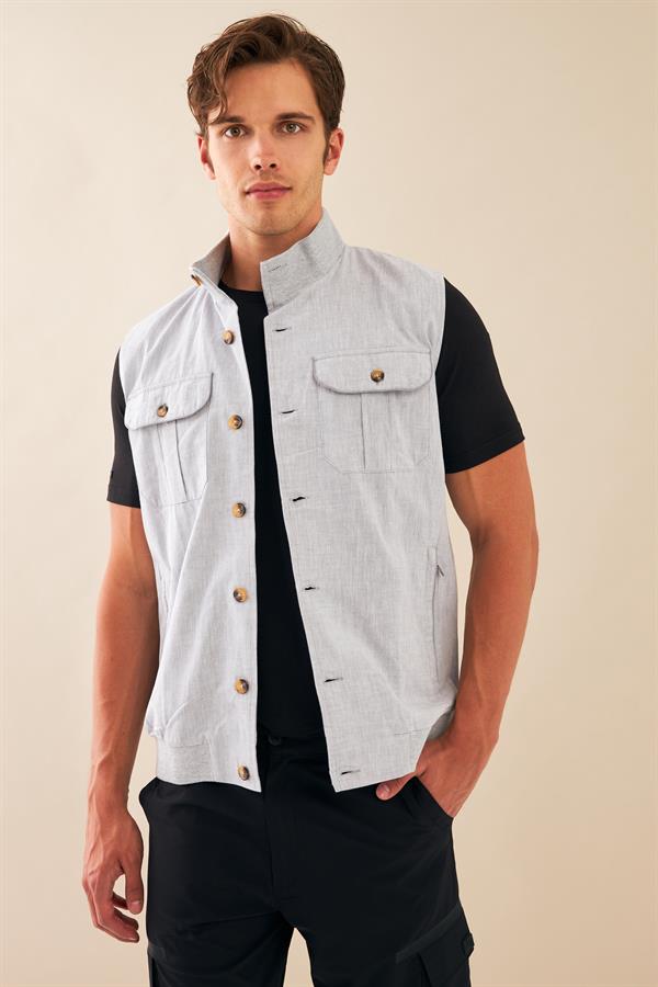 Escetic Gri Erkek Nefes Alabilen Pamuklu Flamlı Dokuma Kumaş Keten Spor Yelek 6931