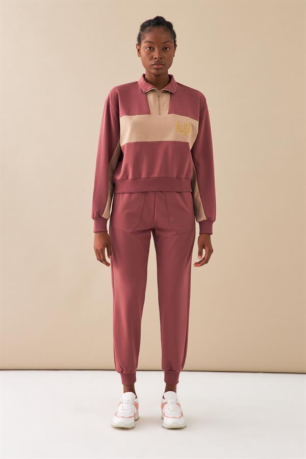 Escetic Gül Kurusu Kadın Casual Dik Yaka Nefes Alan 2 İplik 4 Mevsim Spor Eşofman Takımı A3132