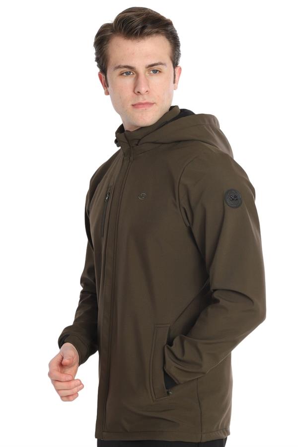 Escetic Haki Erkek Çıkarılabilir Kapüşonlu File Astarlı 3 Cepli Su İtici Rüzgar Geçirmez Softshell Spor Mont 7090