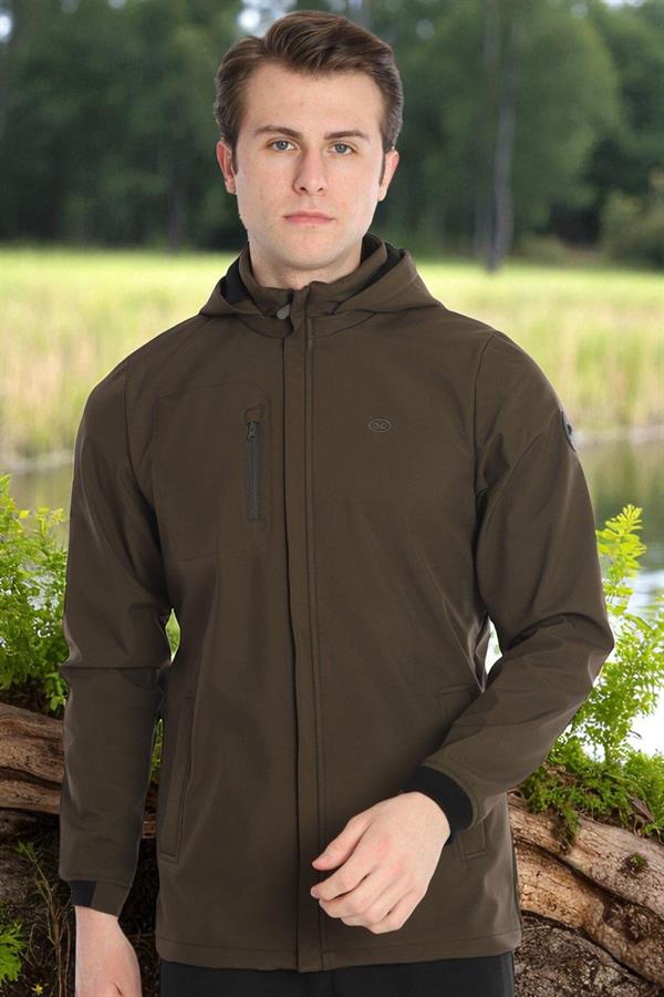 Escetic Haki Erkek Çıkarılabilir Kapüşonlu File Astarlı 3 Cepli Su İtici Rüzgar Geçirmez Softshell Spor Mont 7090