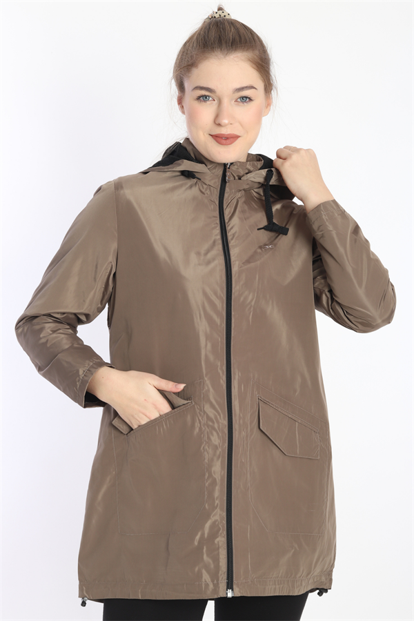 Escetic Haki Kadın Çıkarılabilir Kapüşonlu File Astarlı Su İtici Rüzgarlık İnce Ceket 7085