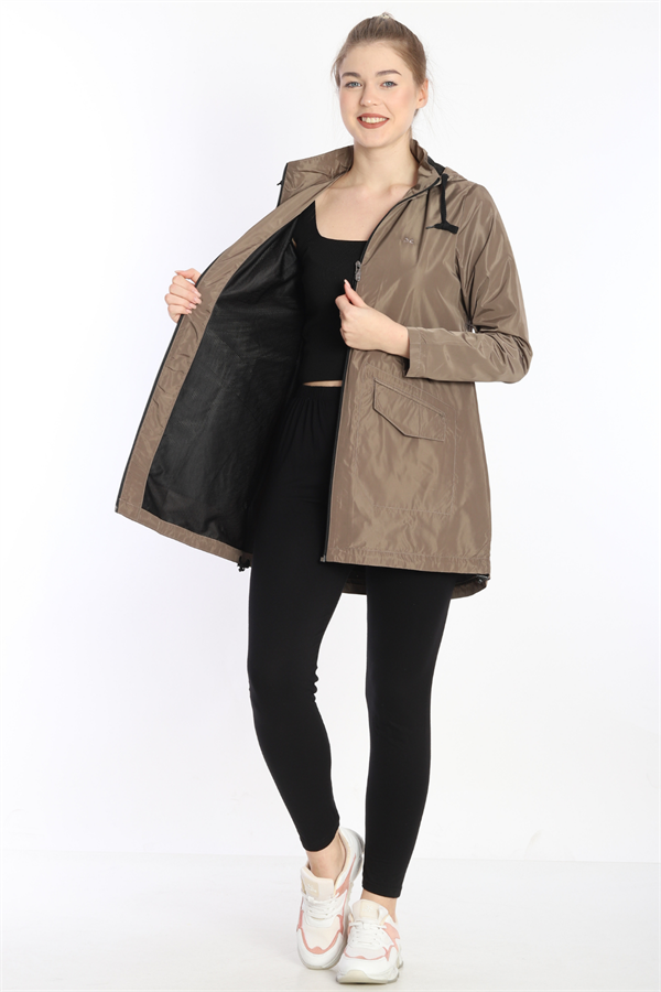 Escetic Haki Kadın Çıkarılabilir Kapüşonlu File Astarlı Su İtici Rüzgarlık İnce Ceket 7085