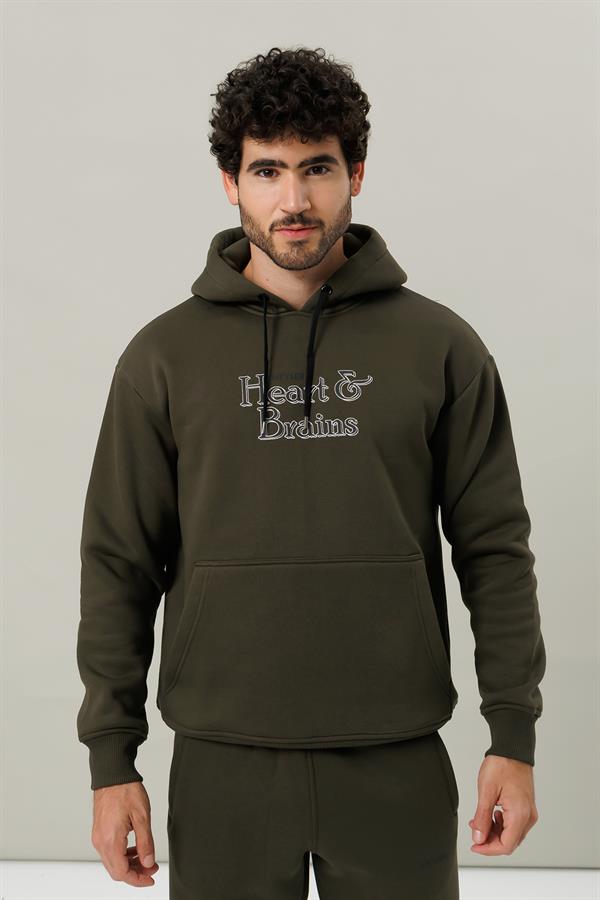 Escetic Haki Polarlı Rahat Kalıp Kalın Kışlık Erkek Eşofman Takımı A3138