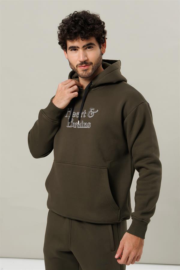 Escetic Haki Polarlı Rahat Kalıp Kalın Kışlık Erkek Eşofman Takımı A3138