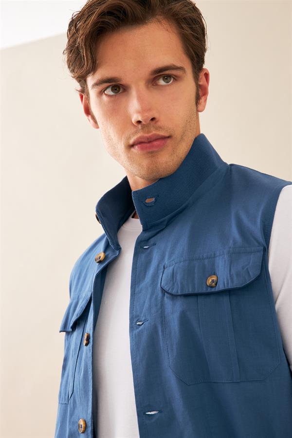 Escetic İndigo Erkek Nefes Alabilen Pamuklu Flamlı Dokuma Kumaş Keten Spor Yelek 6931