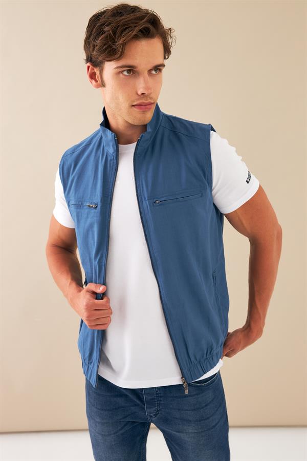 Escetic İndigo Erkek Nefes Alabilen Pamuklu Flamlı Dokuma Kumaş Keten Spor Yelek 6934