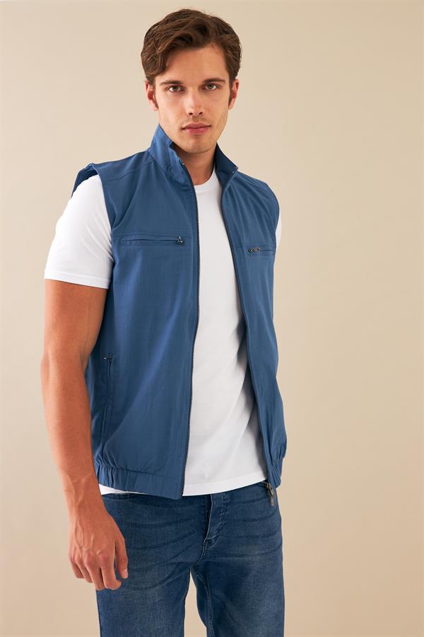 Escetic İndigo Erkek Nefes Alabilen Pamuklu Flamlı Dokuma Kumaş Keten Spor Yelek 6934
