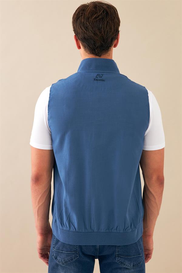 Escetic İndigo Erkek Nefes Alabilen Pamuklu Flamlı Dokuma Kumaş Keten Spor Yelek 6931