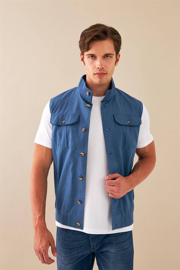 Escetic İndigo Erkek Nefes Alabilen Pamuklu Flamlı Dokuma Kumaş Keten Spor Yelek 6931