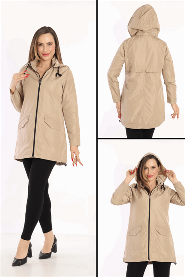 Escetic A.Kahve Kadın Çıkarılabilir Kapüşonlu File Astarlı Su İtici Rüzgarlık İnce Ceket 7085