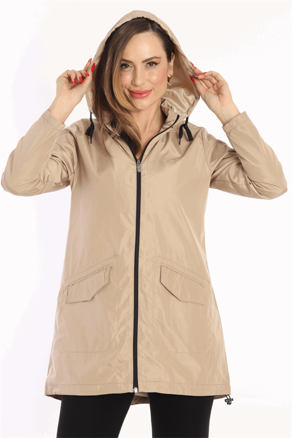 Escetic A.Kahve Kadın Çıkarılabilir Kapüşonlu File Astarlı Su İtici Rüzgarlık İnce Ceket 7085