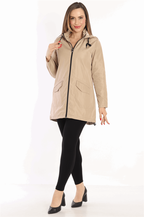Escetic A.Kahve Kadın Çıkarılabilir Kapüşonlu File Astarlı Su İtici Rüzgarlık İnce Ceket 7085