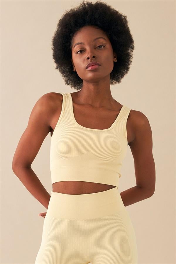 Escetic Kadın Bej Toparlayıcı Yüksek Bel Extra Esnek Fitness Yoga Plates Bra Tayt Takım 3087