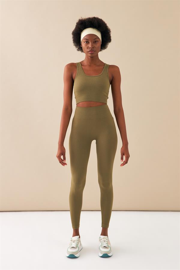 Escetic Kadın Haki Toparlayıcı Yüksek Bel Extra Esnek Fitness Yoga Plates Bra Tayt Takım 3087