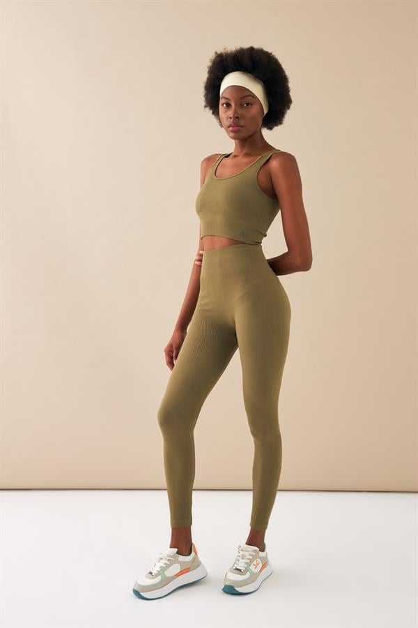 Escetic Kadın Haki Toparlayıcı Yüksek Bel Extra Esnek Fitness Yoga Plates Bra Tayt Takım 3087