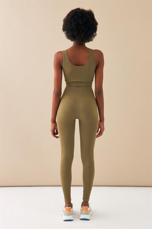 Escetic Kadın Haki Toparlayıcı Yüksek Bel Extra Esnek Fitness Yoga Plates Bra Tayt Takım 3087