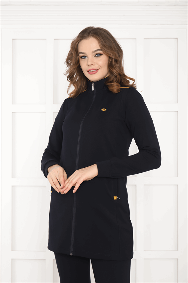 Escetic Lacivert Hardal Kadın Dik Yaka Nefes Alabilen 2 İplik 4 Mevsim Spor Tunik Eşofman Takım 6725