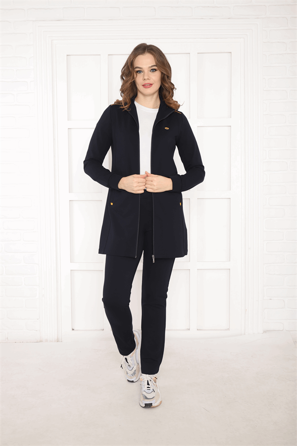 Escetic Lacivert Hardal Kadın Dik Yaka Nefes Alabilen 2 İplik 4 Mevsim Spor Tunik Eşofman Takım 6725