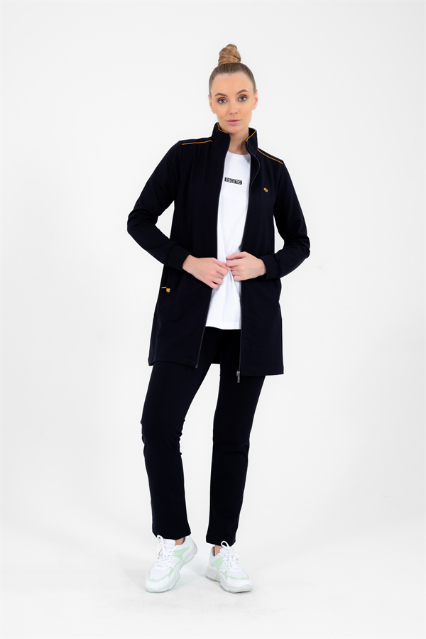 Escetic Lacivert Hardal Kadın Dik Yaka Nefes Alabilen 2 İplik 4 Mevsim Spor Tunik Eşofman Takım 6725