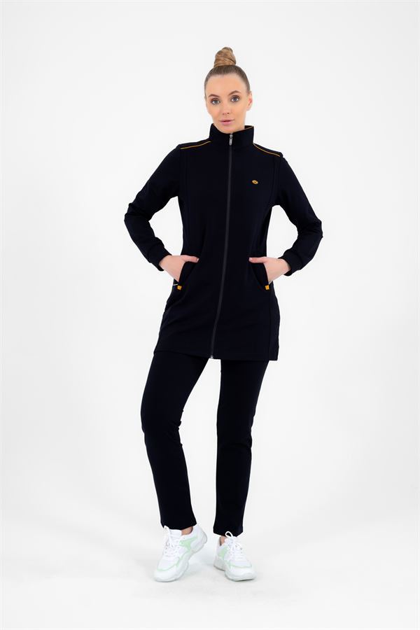 Escetic Lacivert Hardal Kadın Dik Yaka Nefes Alabilen 2 İplik 4 Mevsim Spor Tunik Eşofman Takım 6725