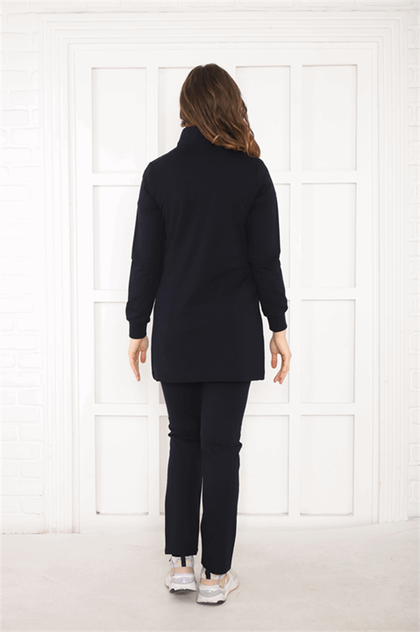 Escetic Lacivert Kırmızı Kadın Dik Yaka Nefes Alabilen 2 İplik 4 Mevsim Spor Tunik Eşofman Takım 6725