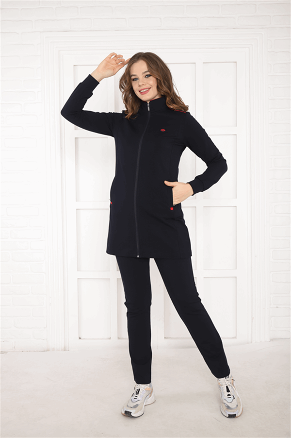 Escetic Lacivert Kırmızı Kadın Dik Yaka Nefes Alabilen 2 İplik 4 Mevsim Spor Tunik Eşofman Takım 6725