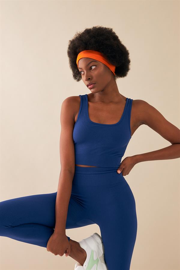 Escetic Kadın Saks Mavisi Toparlayıcı Yüksek Bel Extra Esnek Fitness Yoga Plates Bra Tayt Takım 3087