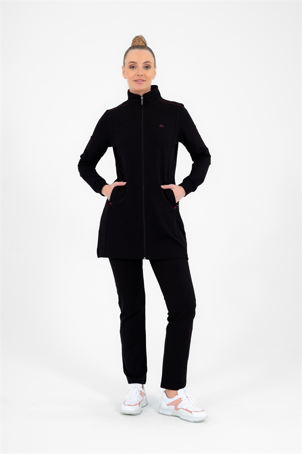 Escetic Siyah Bordo Kadın Dik Yaka Nefes Alabilen 2 İplik 4 Mevsim Spor Tunik Eşofman Takım 6725