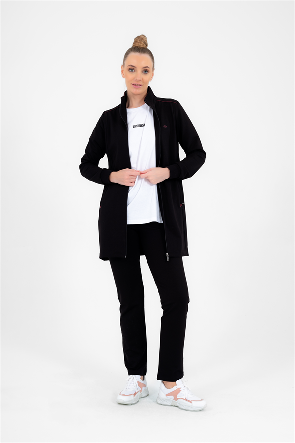 Escetic Siyah Bordo Kadın Dik Yaka Nefes Alabilen 2 İplik 4 Mevsim Spor Tunik Eşofman Takım 6725