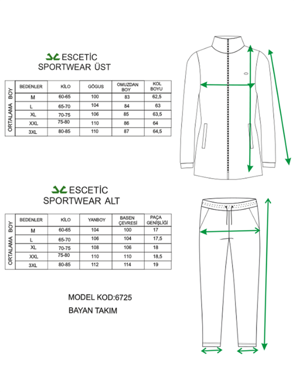 Escetic Hardal Kadın Dik Yaka Nefes Alabilen 2 İplik 4 Mevsim Spor Tunik Eşofman Takım 6725