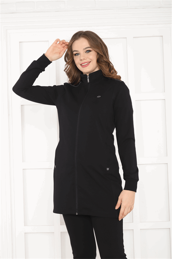 Escetic Siyah G3 Kadın Dik Yaka Nefes Alabilen 2 İplik 4 Mevsim Spor Tunik Eşofman Takım 6725