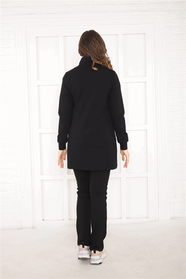 Escetic Siyah G3 Kadın Dik Yaka Nefes Alabilen 2 İplik 4 Mevsim Spor Tunik Eşofman Takım 6725