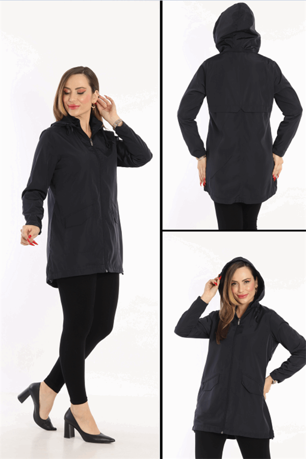 Escetic Siyah Kadın Çıkarılabilir Kapüşonlu File Astarlı Su İtici Rüzgarlık İnce Ceket 7085