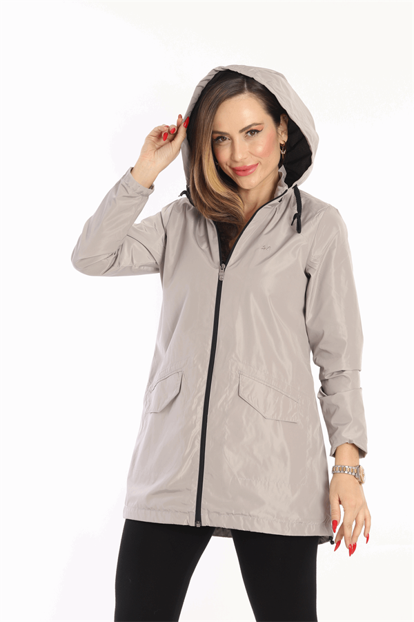 Escetic Toprak Kadın Çıkarılabilir Kapüşonlu File Astarlı Su İtici Rüzgarlık İnce Ceket 7085