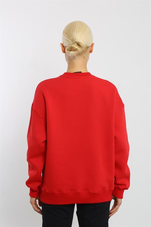 Escetic Kırmızı İçi Polarlı 3 İplik Oversize Kadın Sweatshirt T0129
