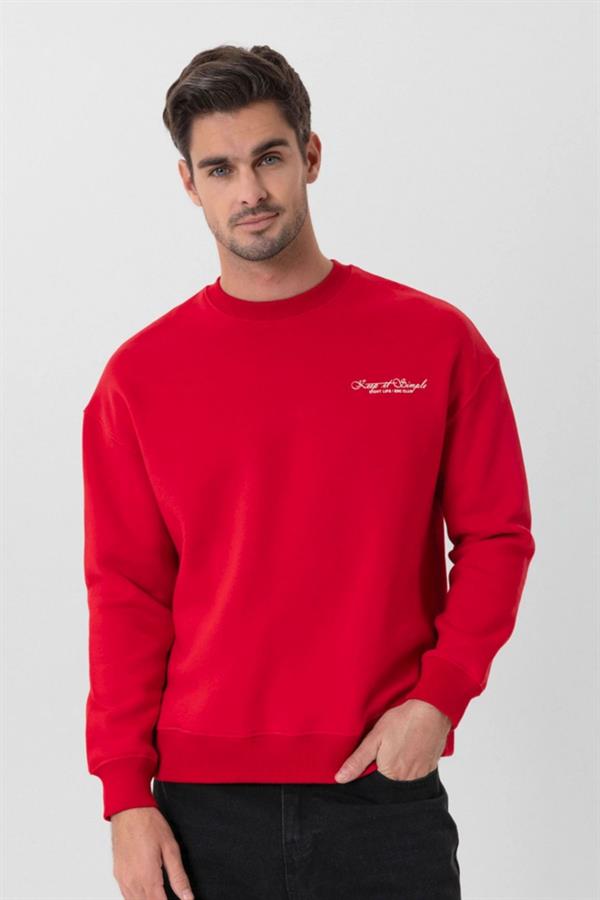 Escetic Kırmızı İçi Polarlı 3 İplik Oversize Erkek Sweatshirt T0129
