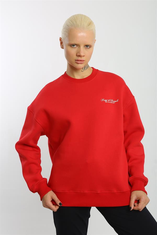 Escetic Kırmızı İçi Polarlı 3 İplik Oversize Kadın Sweatshirt T0129