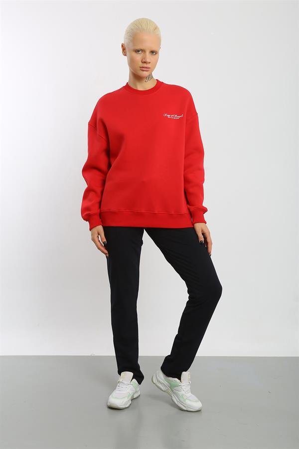 Escetic Kırmızı İçi Polarlı 3 İplik Oversize Kadın Sweatshirt T0129