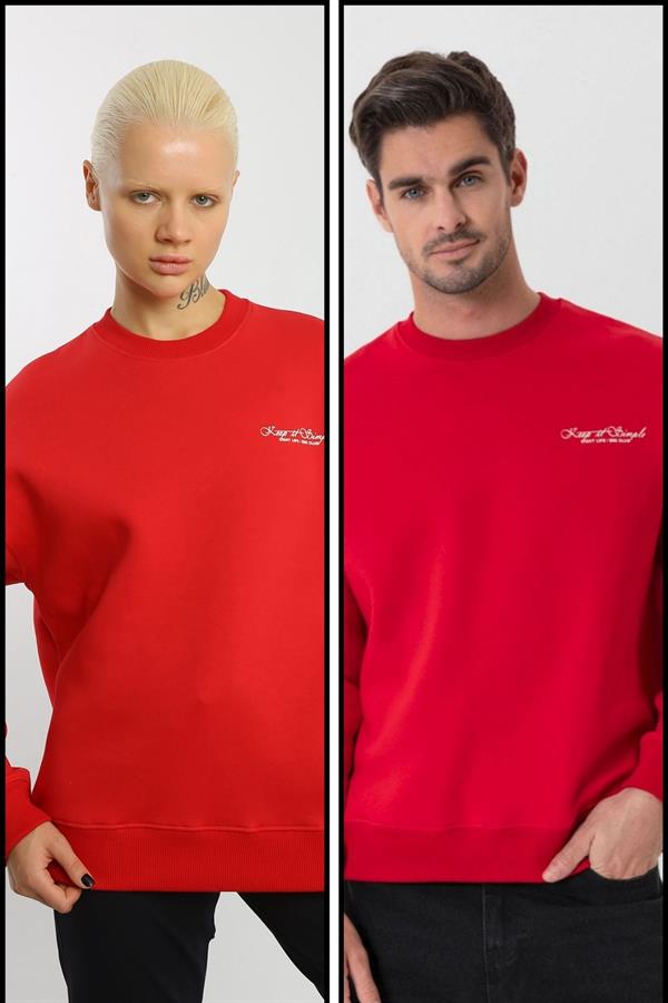Escetic Kırmızı İçi Polarlı 3 İplik Oversize Erkek Sweatshirt T0129