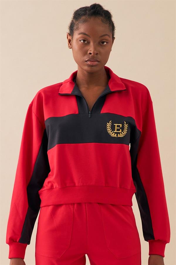 Escetic Kırmızı Kadın Casual Dik Yaka Nefes Alan 2 İplik 4 Mevsim Spor Eşofman Takımı A3132