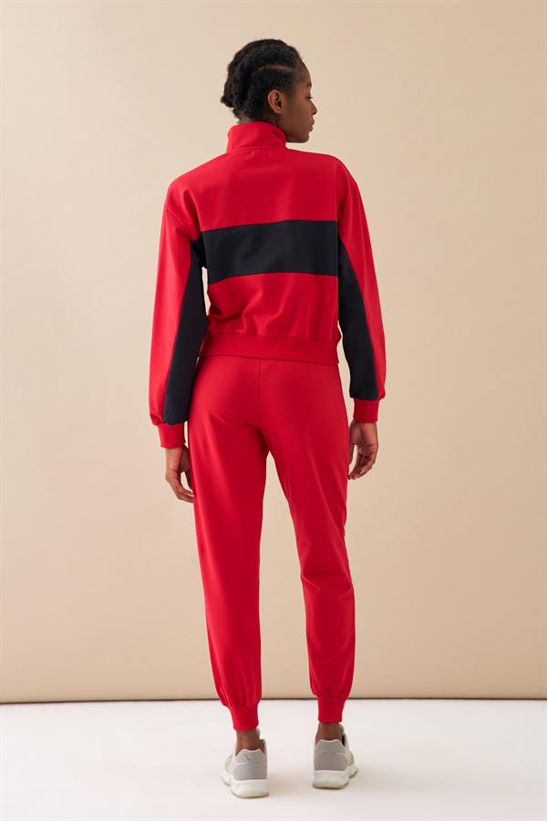 Escetic Kırmızı Kadın Casual Dik Yaka Nefes Alan 2 İplik 4 Mevsim Spor Eşofman Takımı A3132