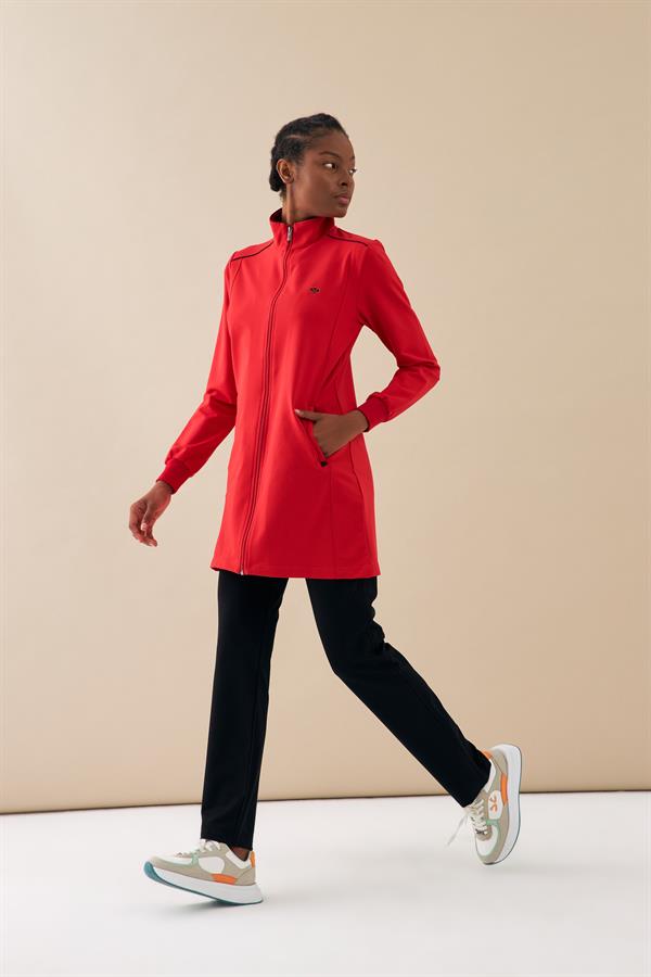 Escetic Kırmızı Kadın Dik Yaka Nefes Alabilen 2 İplik 4 Mevsim Spor Tunik Eşofman Takım 6725