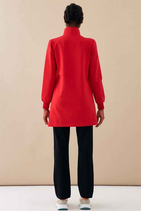 Escetic Kırmızı Kadın Dik Yaka Nefes Alabilen 2 İplik 4 Mevsim Spor Tunik Eşofman Takım 6725