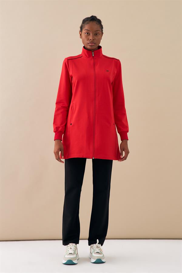 Escetic Kırmızı Kadın Dik Yaka Nefes Alabilen 2 İplik 4 Mevsim Spor Tunik Eşofman Takım 6725