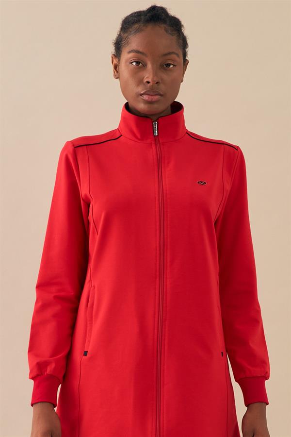 Escetic Kırmızı Kadın Dik Yaka Nefes Alabilen 2 İplik 4 Mevsim Spor Tunik Eşofman Takım 6725