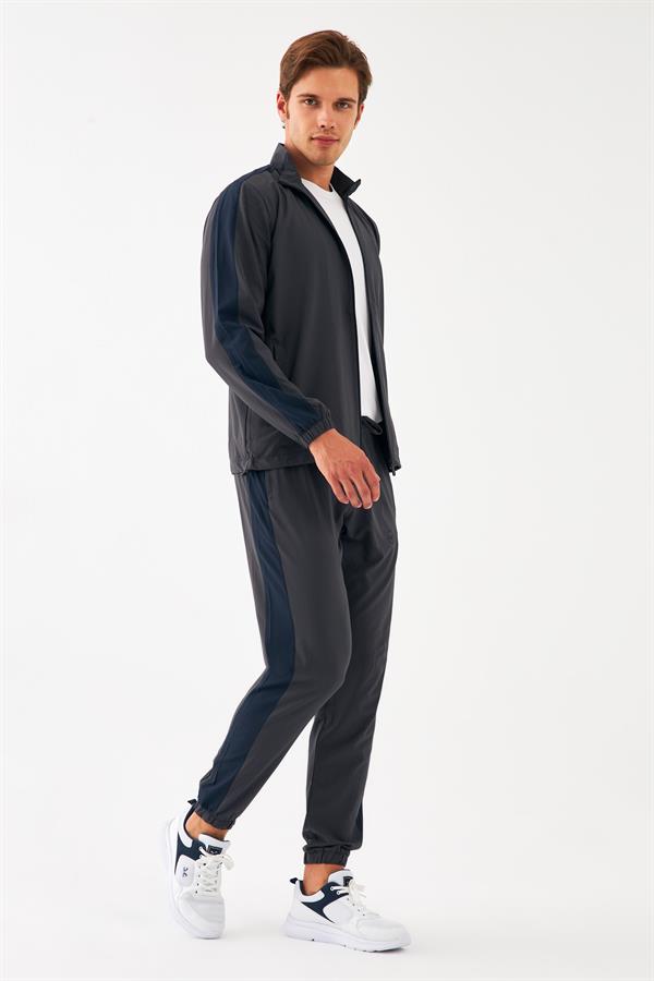 Escetic Koyu Gri Erkek Dik Yaka Spor Likra Kumaş Lastik Paça 4 Cepli YAZLIK Slimfit Spor Eşofman Takımı SL0019